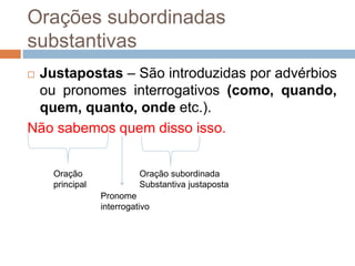 Orações subordinadas
substantivas
 Justapostas – São introduzidas por advérbios
ou pronomes interrogativos (como, quando,
quem, quanto, onde etc.).
Não sabemos quem disso isso.
Oração
principal
Oração subordinada
Substantiva justaposta
Pronome
interrogativo
 