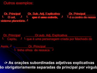 Outros exemplos: Outros exemplos: Or. Principal   Or. Sub. Adj. Explicativa   _ Or. Principal ______ └  O sol,  ┘  └  que é uma estrela ,  ┘  └ é o centro do nosso sistema planetário. ┘  Or. Principal   Or. Sub. Adj. Explicativa   _  Or. Principal ______ └  O sol,  ┘  └  que é uma estrela ,  ┘  └ é o centro do nosso sistema planetário. ┘   Or. Principal   Or.sub. Adj. Explicativa ______________ └  Capitu,  ┘ └ que é uma personagem criada por Machado de  Assis, ┘  Or. Principal ____   └  tinha olhos  de ressaca.  ┘ Or. Principal   Or.sub. Adj. Explicativa ______________ └  Capitu,  ┘ └ que é uma personagem criada por Machado de  Assis, ┘  Or. Principal ____   └  tinha olhos  de ressaca.  ┘   -> As orações subordinadas adjetivas explicativas  são obrigatoriamente separadas da principal por vírgula.   -> As orações subordinadas adjetivas explicativas  são obrigatoriamente separadas da principal por vírgula. 