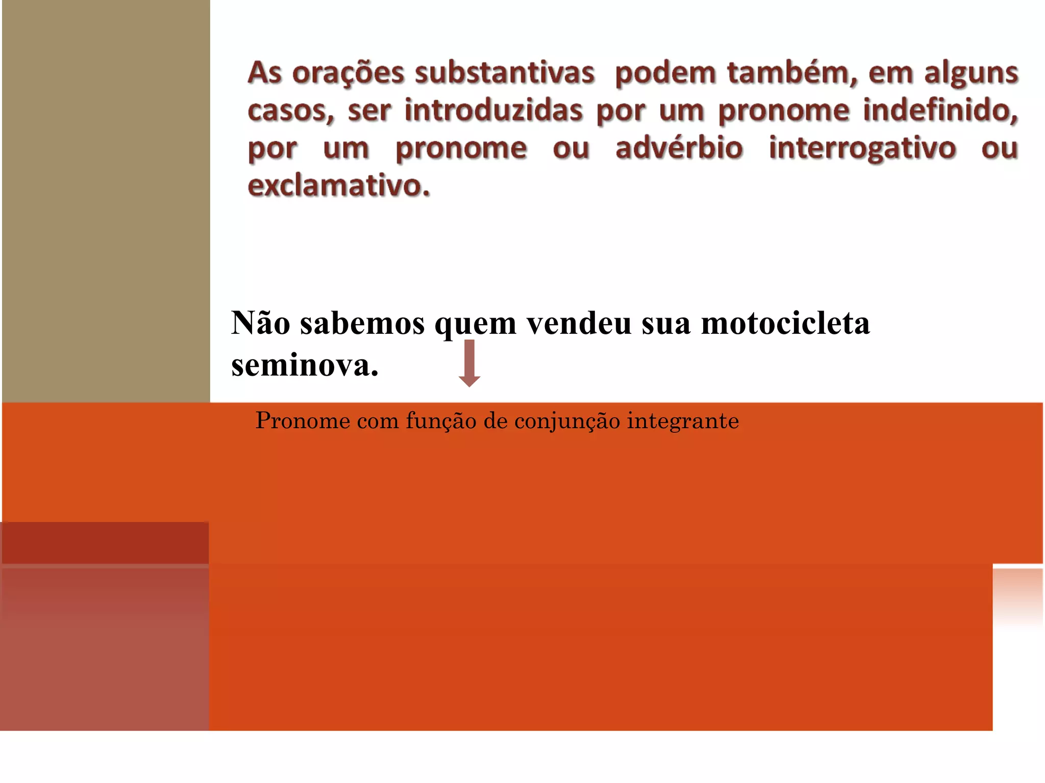 Não sabemos quem vendeu sua motocicleta seminova. Pronome com função de conjunção integrante 