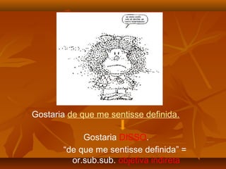 Gostaria de que me sentisse definida.

            Gostaria DISSO.
       “de que me sentisse definida” =
         or.sub.sub. objetiva indireta
 