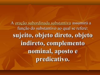 A oração subordinada substantiva assumirá a
   função do substantivo ao qual se refere:
 sujeito, objeto direto, objeto
    indireto, complemento
       nominal, aposto e
          predicativo.
 