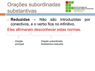 Orações subordinadas
substantivas
 Reduzidas – Não são introduzidas por
conectivos, e o verbo fica no infinitivo.
Eles afirmaram desconhecer estas normas.
Oração
principal
Oração subordinada
Substantiva reduzida
 