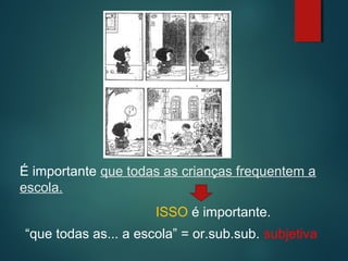 É importante que todas as crianças frequentem a
escola.
ISSO é importante.
“que todas as... a escola” = or.sub.sub. subjetiva

 