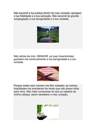 Não escondi a tua justiça dentro do meu coração; apregoei
a tua fidelidade e a tua salvação. Não escondi da grande
congregação a tua benignidade e a tua verdade.
Não retires de mim, SENHOR, as tuas misericórdias;
guardem-me continuamente a tua benignidade e a tua
verdade.
Porque males sem número me têm rodeado; as minhas
iniqüidades me prenderam de modo que não posso olhar
para cima. São mais numerosas do que os cabelos da
minha cabeça; assim desfalece o meu coração.
 