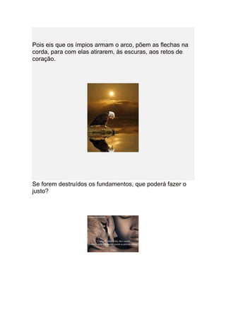 Pois eis que os ímpios armam o arco, põem as flechas na
corda, para com elas atirarem, às escuras, aos retos de
coração.




Se forem destruídos os fundamentos, que poderá fazer o
justo?
 