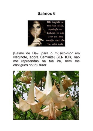 Salmos 6




[Salmo de Davi para o músico-mor em
Neginote, sobre Seminite] SENHOR, não
me repreendas na tua ira, nem me
castigues no teu furor.
 