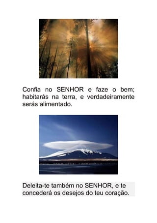 Confia no SENHOR e faze o bem;
habitarás na terra, e verdadeiramente
serás alimentado.




Deleita-te também no SENHOR, e te
concederá os desejos do teu coração.
 
