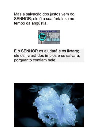 Mas a salvação dos justos vem do
SENHOR; ele é a sua fortaleza no
tempo da angústia.




E o SENHOR os ajudará e os livrará;
ele os livrará dos ímpios e os salvará,
porquanto confiam nele.
 