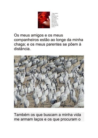 Os meus amigos e os meus
companheiros estão ao longe da minha
chaga; e os meus parentes se põem à
distância.




Também os que buscam a minha vida
me armam laços e os que procuram o
 