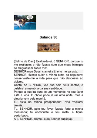 Salmos 30




[Salmo de Davi] Exaltar-te-ei, ó SENHOR, porque tu
me exaltaste; e não fizeste com que meus inimigos
se alegrassem sobre mim.
SENHOR meu Deus, clamei a ti, e tu me saraste.
SENHOR, fizeste subir a minha alma da sepultura;
conservaste-me a vida para que não descesse ao
abismo.
Cantai ao SENHOR, vós que sois seus santos, e
celebrai a memória da sua santidade.
Porque a sua ira dura só um momento; no seu favor
está a vida. O choro pode durar uma noite, mas a
alegria vem pela manhã.
Eu dizia na minha prosperidade: Não vacilarei
jamais.
Tu, SENHOR, pelo teu favor fizeste forte a minha
montanha; tu encobriste o teu rosto, e fiquei
perturbado.
A ti, SENHOR, clamei, e ao Senhor supliquei.
 