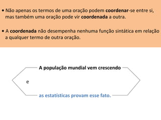 • Não apenas os termos de uma oração podem coordenar-se entre si,
mas também uma oração pode vir coordenada a outra.
• A coordenada não desempenha nenhuma função sintática em relação
a qualquer termo de outra oração.
A população mundial vem crescendo
e
as estatísticas provam esse fato.
 