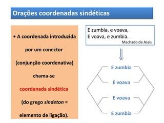 Orações coordenadas sindéticas
• A coordenada introduzida
por um conector
(conjunção coordenativa)
chama-se
coordenada sindética
(do grego síndeton =
elemento de ligação).
E zumbia, e voava,
E voava, e zumbia.
Machado de Assis
E zumbia
E voava
E voava
E zumbia
 