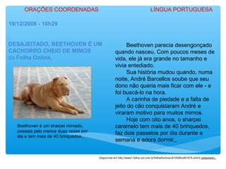 19/12/2008 - 18h29
DESAJEITADO, BEETHOVEN É UM
CACHORRO CHEIO DE MIMOS
da Folha Online
Beethoven parecia desengonçado
quando nasceu. Com poucos meses de
vida, ele já era grande no tamanho e
vivia entediado.
Sua história mudou quando, numa
noite, André Barcellos soube que seu
dono não queria mais ficar com ele - e
foi buscá-lo na hora.
A carinha de piedade e a falta de
jeito do cão conquistaram André e
viraram motivo para muitos mimos.
Hoje com oito anos, o sharpei
caramelo tem mais de 40 brinquedos,
faz dois passeios por dia durante a
semana e adora dormir.
Beethoven é um sharpei mimado,
passeia pelo menos duas vezes por
dia e tem mais de 40 brinquedos.
Disponível em http://www1.folha.uol.com.br/folha/bichos/ult10006u481675.shtml (adaptado).
ORAÇÕES COORDENADAS LÍNGUA PORTUGUESA
 
