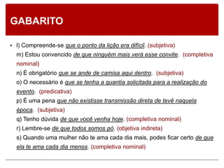 GABARITO

 l) Compreende-se que o ponto da lição era difícil. (subjetiva)
  m) Estou convencido de que ninguém mais verá esse convite. (completiva
  nominal)
  n) É obrigatório que se ande de camisa aqui dentro. (subjetiva)
  o) O necessário é que se tenha a quantia solicitada para a realização do
  evento. (predicativa)
  p) É uma pena que não existisse transmissão direta de tevê naquela
  época. (subjetiva)
  q) Tenho dúvida de que você venha hoje. (completiva nominal)
  r) Lembre-se de que todos somos pó. (objetiva indireta)
  s) Quando uma mulher não te ama cada dia mais, podes ficar certo de que
  ela te ama cada dia menos. (completiva nominal)
 