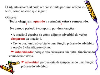 O adjunto adverbial pode ser constituído por uma oração in-
teira, como no caso que segue:
Observe:
Todos chegaram /quando a cerimônia estava começando.
1 2
No caso, o período é composto por duas orações:
• A oração 2 encaixa-se como adjunto adverbial do verbo
chegaram da oração 1.
• Como o adjunto adverbial é uma função própria do advérbio,
a oração 2 classifica-se como:
 subordinada: porque está encaixada em outra, funcionando
como termo desta.
 adverbial: porque está desempenhando uma função
própria do advérbio.
 