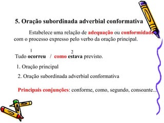5. Oração subordinada adverbial conformativa
Estabelece uma relação de adequação ou conformidade
com o processo expresso pelo verbo da oração principal.
Tudo ocorreu / como estava previsto.
1 2
1. Oração principal
2. Oração subordinada adverbial conformativa
Principais conjunções: conforme, como, segundo, consoante...
 