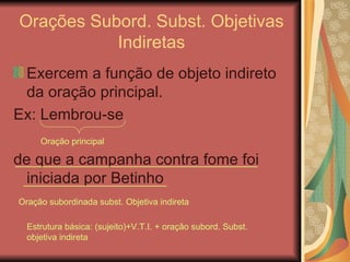 Orações Subord. Subst. Objetivas Indiretas Exercem a função de objeto indireto da oração principal. Ex: Lembrou-se de que a campanha contra fome foi iniciada por Betinho Oração principal Oração subordinada subst. Objetiva indireta Estrutura básica: (sujeito)+V.T.I. + oração subord. Subst. objetiva indireta 