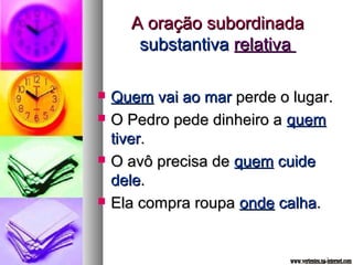 AA oorraaççããoo ssuubboorrddiinnaaddaa 
ssuubbssttaannttiivvaa rreellaattiivvaa 
 QQuueemm vvaaii aaoo mmaarr ppeerrddee oo lluuggaarr.. 
 OO PPeeddrroo ppeeddee ddiinnhheeiirroo aa qquueemm 
ttiivveerr.. 
 OO aavvôô pprreecciissaa ddee qquueemm ccuuiiddee 
ddeellee.. 
 EEllaa ccoommpprraa rroouuppaa oonnddee ccaallhhaa.. 
 
