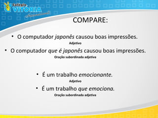 COMPARE:
• O computador japonês causou boas impressões.
Adjetivo
• O computador que é japonês causou boas impressões.
Oração subordinada adjetiva
• É um trabalho emocionante.
Adjetivo
• É um trabalho que emociona.
Oração subordinada adjetiva
 