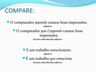 COMPARE:
O computador japonês causou boas impressões.
Adjetivo
O computador que é japonês causou boas
impressões.
Oração subordinada adjetiva
É um trabalho emocionante.
Adjetivo
É um trabalho que emociona.
Oração subordinada adjetiva
 