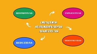 RESTRITIVAS EXPLICATIVAS
REDUZIDAS
DESENVOLVIDAS
ORAÇÕES
ORAÇÕES
SUBORDINADAS
SUBORDINADAS
ADJETIVAS
ADJETIVAS
 