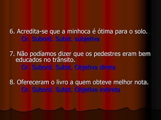 6. Acredita-se que a minhoca é ótima para o solo.
Or. Subord. Subst. subjetiva
7. Não podíamos dizer que os pedestres eram bem
educados no trânsito.
Or. Subord. Subst. Objetiva direta
8. Ofereceram o livro a quem obteve melhor nota.
Or. Subord. Subst. Objetiva indireta
 