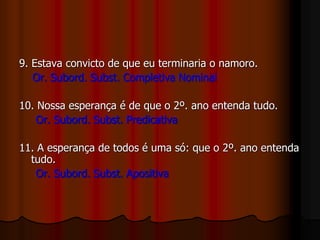 9. Estava convicto de que eu terminaria o namoro.
Or. Subord. Subst. Completiva Nominal
10. Nossa esperança é de que o 2º. ano entenda tudo.
Or. Subord. Subst. Predicativa
11. A esperança de todos é uma só: que o 2º. ano entenda
tudo.
Or. Subord. Subst. Apositiva
 