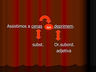 Assistimos a cenas deprimem.
subst. Or.subord.
adjetiva
que
 