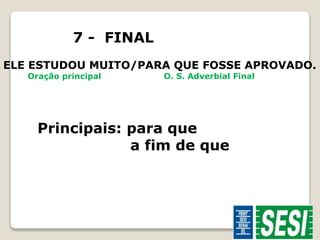 7 - FINAL 
ELE ESTUDOU MUITO/PARA QUE FOSSE APROVADO. 
Oração principal O. S. Adverbial Final 
Principais: para que 
a fim de que 
 