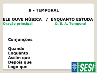 9 - TEMPORAL 
ELE OUVE MÚSICA / ENQUANTO ESTUDA 
Oração principal O. S. A. Temporal 
Conjunções 
Quando 
Enquanto 
Assim que 
Depois que 
Logo que 
 