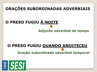 ORAÇÕES SUBORDINADAS ADVERBIAIS 
O PRESO FUGIU À NOITE 
Adjunto adverbial de tempo 
O PRESO FUGIU QUANDO ANOITECEU 
Oração subordinada adverbial temporal 
 