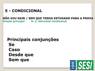 5 - CONDICIONAL 
NÃO VOU SAIR / SEM QUE TENHA ESTUDADO PARA A PROVA 
Oração principal O. S. Adverbial condicional 
Principais conjunções 
Se 
Caso 
Desde que 
Sem que 
 