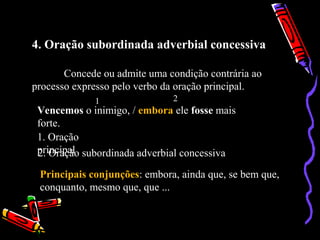 4. Oração subordinada adverbial concessiva
Concede ou admite uma condição contrária ao
processo expresso pelo verbo da oração principal.
Vencemos o inimigo, / embora ele fosse mais
forte.
1 2
1. Oração
principal2. Oração subordinada adverbial concessiva
Principais conjunções: embora, ainda que, se bem que,
conquanto, mesmo que, que ...
 
