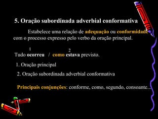 5. Oração subordinada adverbial conformativa
Estabelece uma relação de adequação ou conformidade
com o processo expresso pelo verbo da oração principal.
Tudo ocorreu / como estava previsto.
1 2
1. Oração principal
2. Oração subordinada adverbial conformativa
Principais conjunções: conforme, como, segundo, consoante...
 