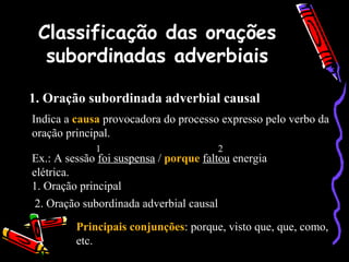 Classificação das orações
subordinadas adverbiais
1. Oração subordinada adverbial causal
Indica a causa provocadora do processo expresso pelo verbo da
oração principal.
Ex.: A sessão foi suspensa / porque faltou energia
elétrica.
1 2
1. Oração principal
2. Oração subordinada adverbial causal
Principais conjunções: porque, visto que, que, como,
etc.
 
