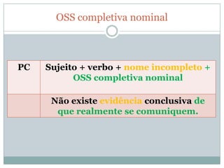 OSS completiva nominal



PC   Sujeito + verbo + nome incompleto +
           OSS completiva nominal

      Não existe evidência conclusiva de
       que realmente se comuniquem.
 