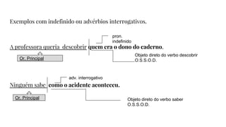 Exemplos com indefinido ou advérbios interrogativos.
A professora queria descobrir quem era o dono do caderno.
Ninguém sabe como o acidente aconteceu.
Objeto direto do verbo descobrir
O.S.S.O.D.Or. Principal
pron.
indefinido
Or. Principal
adv. interrogativo
Objeto direto do verbo saber
O.S.S.O.D.
 