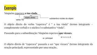 Ninguém esperava a tua vinda.
O objeto direto do verbo “esperava” é “ a tua vinda” (termo integrante -
complemento verbal) e o núcleo é o substantivo “vinda”.
Passando para a subordinação: Ninguém esperava que viesses.
O objeto direto de “esperava” passaria a ser “que viesses” (termo integrante da
oração principal), representado por uma oração..
Exemplo
objeto direto
verbo TD
substantivo núcleo do objeto
or. principal
or. s. s. o. d.
 