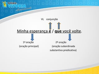 VL conjunção
Minha esperança é / que você volte.
1ª oração 2ª oração
(oração principal) (oração subordinada
substantiva predicativa)
 