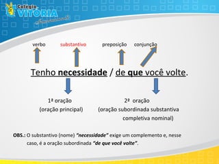verbo substantivo preposição conjunção
Tenho necessidade / de que você volte.
1ª oração 2ª oração
(oração principal) (oração subordinada substantiva
completiva nominal)
OBS.: O substantivo (nome) “necessidade” exige um complemento e, nesse
caso, é a oração subordinada “de que você volte”.
 