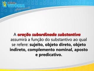 AA oração subordinada substantivaoração subordinada substantiva
assumirá a função do substantivo ao qualassumirá a função do substantivo ao qual
se refere:se refere: sujeito, objeto direto, objetosujeito, objeto direto, objeto
indireto, complemento nominal, apostoindireto, complemento nominal, aposto
e predicativo.e predicativo.
 