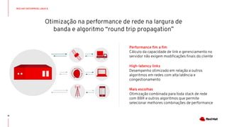 Otimização na performance de rede na largura de
banda e algoritmo “round trip propagation”
18
Performance ﬁm a ﬁm
Cálculo da capacidade de link e gerenciamento no
servidor não exigem modiﬁcações ﬁnais do cliente
High-latency links
Desempenho otimizado em relação a outros
algoritmos em redes com alta latência e
congestionamento
Mais escolhas
Otimização combinada para toda stack de rede
com BBR e outros algoritmos que permite
selecionar melhores combinações de performance
RED HAT ENTERPRISE LINUX 8
 