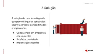 CONFIDENTIAL Designator
A Solução
A adoção de uma estratégia de
que permitirá que as aplicações
sejam facilmente compartilhadas
e implantadas
● Consistência em ambientes
e ferramentas
● Artefatos previsíveis
● Implantações rápidas
9
 
