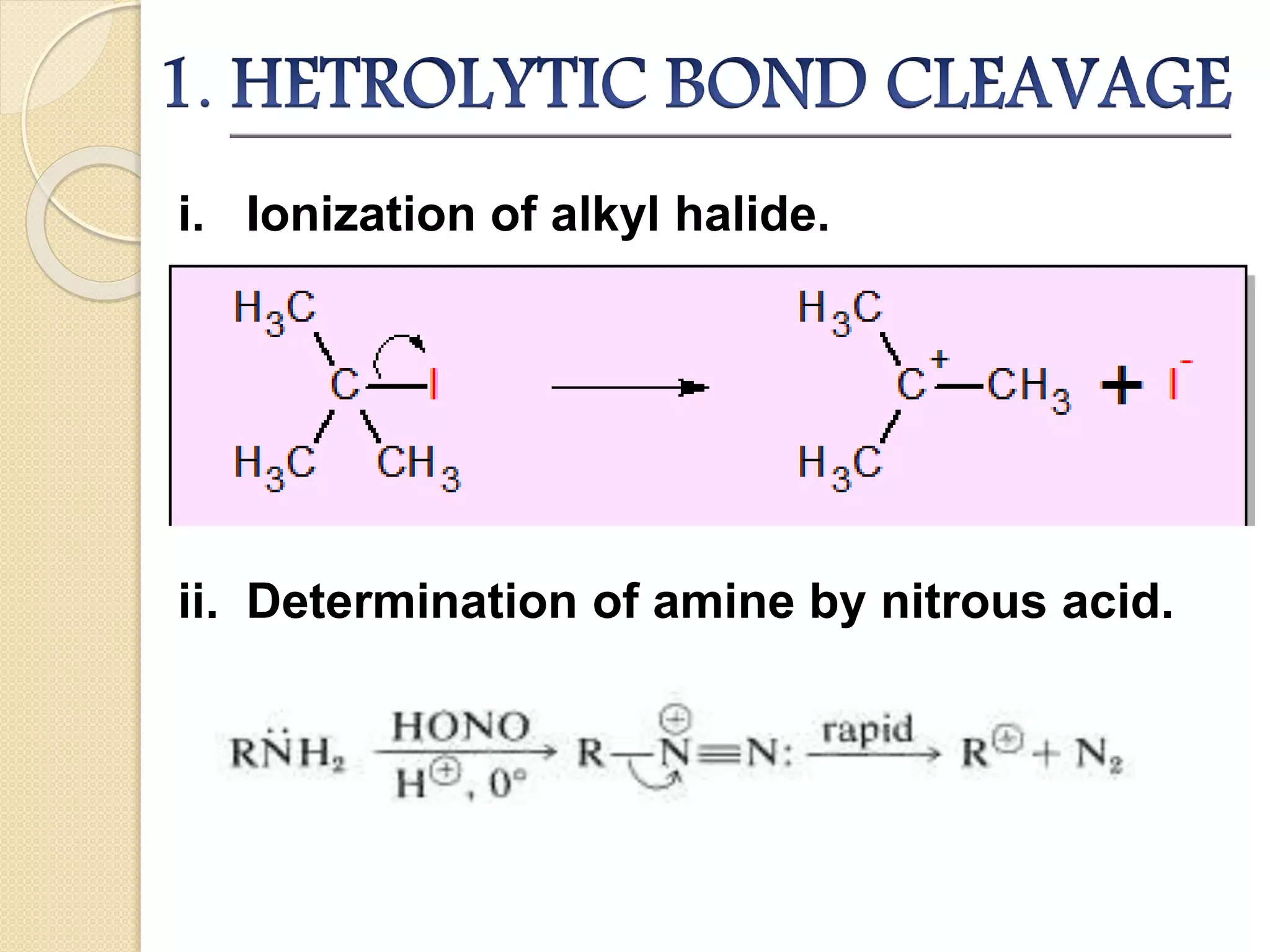 i. Ionization of alkyl halide.
ii. Determination of amine by nitrous acid.
 