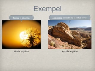 Exempel
Nature is amazing.

The nature around here is rather rocky.

Allmän betydelse

Specifik betydelse

 