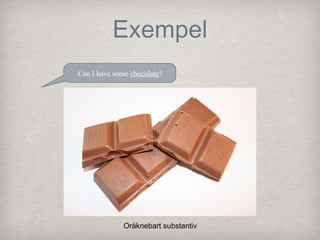 Exempel
Can I have some chocolate?

Oräknebart substantiv

 