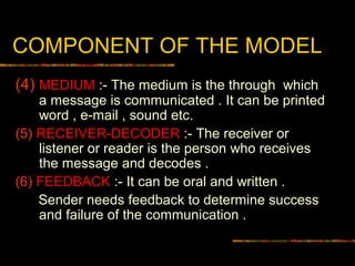 COMPONENT OF THE MODEL
(4) MEDIUM :- The medium is the through which
a message is communicated . It can be printed
word , e-mail , sound etc.
(5) RECEIVER-DECODER :- The receiver or
listener or reader is the person who receives
the message and decodes .
(6) FEEDBACK :- It can be oral and written .
Sender needs feedback to determine success
and failure of the communication .
 