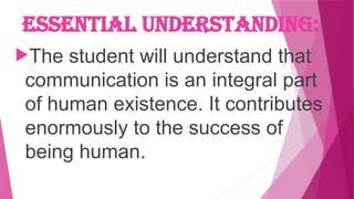 Essential Understanding:
The student will understand that
communication is an integral part
of human existence. It contributes
enormously to the success of
being human.
 