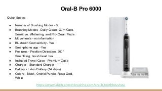 Oral-B Pro 6000
Quick Specs:
● Number of Brushing Modes - 5
● Brushing Modes - Daily Clean, Gum Care,
Sensitive, Whitening...