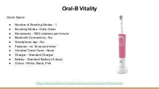 Oral-B Vitality
Quick Specs:
● Number of Brushing Modes - 1
● Brushing Modes - Daily Clean
● Movements - 7600 rotations pe...